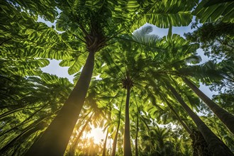 Rainforest canopy with verdant greenery and sunbeams piercing through the leaves, AI generated