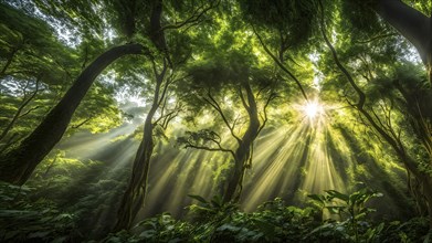 Rainforest canopy with verdant greenery and sunbeams piercing through the leaves, AI generated