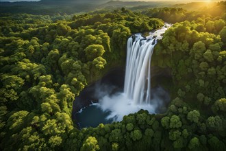 Aerial view of verdant green rainforest with waterfall and beautyful sunrise at the horizon, AI