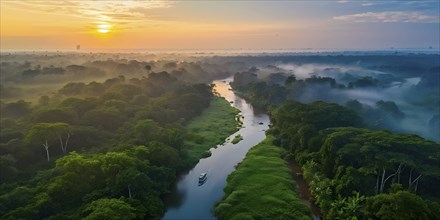 Aerial view of verdant green rainforest with meandering river and beautyful sunrise at the horizon,