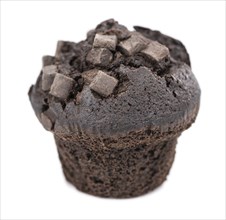 Chocolate Muffins isolated on white background (selective focus, close-up shot)