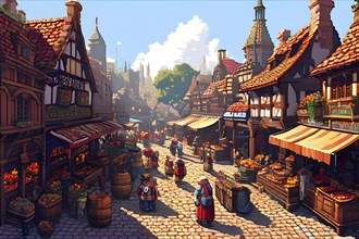 Pixel art, marketplace, medieval, pixel, art, wallpaper, illustration, AI generated