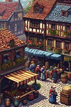 Pixel art, marketplace, medieval, pixel, art, wallpaper, illustration, AI generated