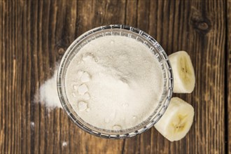 Fresh made Ground Banana on an old and rustic wooden table, selective focus, close-up shot