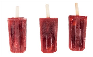 Strawberry Popsicles isolated on white background (detailed close-up shot)