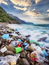 Dream beach polluted by washed up plastic waste, environmental pollution, plastic problem, AI