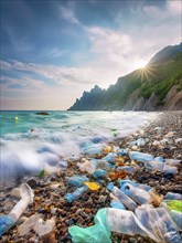 Dream beach polluted by washed up plastic waste, environmental pollution, plastic problem, AI