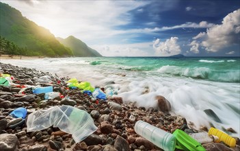 Dream beach polluted by washed up plastic waste, environmental pollution, plastic problem, AI