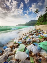 Dream beach polluted by washed up plastic waste, environmental pollution, plastic problem, AI