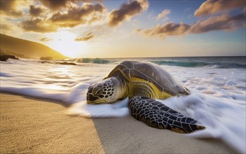 A sea turtle leaves the sea to lay its eggs in the evening light, AI generated, AI generated