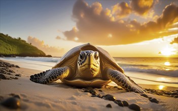 A sea turtle leaves the sea to lay its eggs in the evening light, AI generated, AI generated