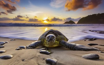 A sea turtle leaves the sea to lay its eggs in the evening light, AI generated, AI generated