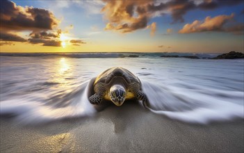 A sea turtle leaves the sea to lay its eggs in the evening light, AI generated, AI generated