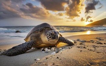 A sea turtle leaves the sea to lay its eggs in the evening light, AI generated, AI generated