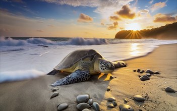 A sea turtle leaves the sea to lay its eggs in the evening light, AI generated, AI generated