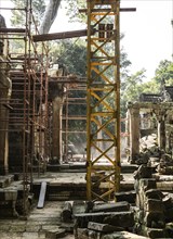 Archaeological site and renovation in Ta Prohm Temple, Angkor Wat Cambodia with spectacular light