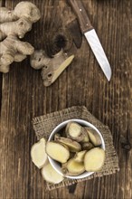 Some healthy Ginger Slices (selective focus, close-up shot)