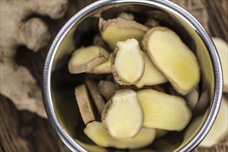 Some fresh Ginger Slices (selective focus, close-up shot)