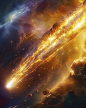 A fiery depiction of a meteor as it enters the atmosphere, creating an intense explosion, AI