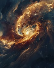 A dynamic scene of a swirling galaxy with a fiery nebula in a dark space setting, AI generated