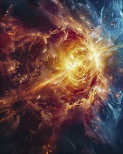 A dramatic cosmic explosion with bright, fiery energy bursting in the galaxy, AI generated