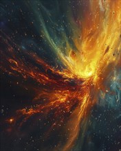 A colorful space scene showcasing an intense cosmic fire spreading across a nebula, AI generated