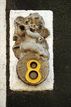 House number with angel relief, Heidelberg, Baden-Württemberg, Germany, Europe