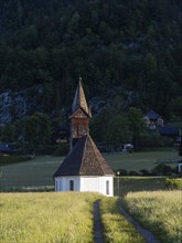 Morning light, village church of Gössl, Salzkammergut, Styria, Austria, Europe