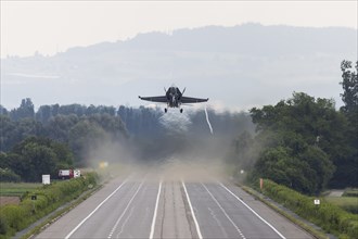 Swiss Air Force F/A 18 fighter aircraft take off and land on the A1 motorway during the Alpha Uno