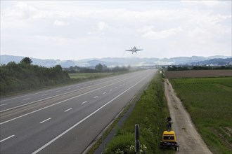 Swiss Air Force F/A 18 fighter aircraft take off and land on the A1 motorway during the Alpha Uno