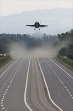 Swiss Air Force F/A 18 fighter aircraft take off and land on the A1 motorway during the Alpha Uno