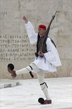 Evzone marching in front of the parliament building, Tomb of the Unknown Soldier, Syntagma Square,