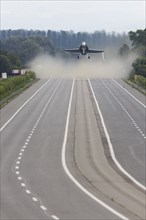 Swiss Air Force F/A 18 fighter aircraft take off and land on the A1 motorway during the Alpha Uno