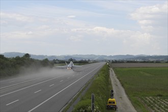 Swiss Air Force F/A 18 fighter aircraft take off and land on the A1 motorway during the Alpha Uno