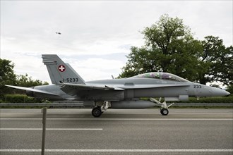 Swiss Air Force F/A 18 fighter aircraft take off and land on the A1 motorway during the Alpha Uno