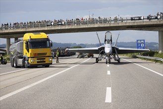 Swiss Air Force F/A 18 fighter aircraft take off and land on the A1 motorway during the Alpha Uno