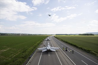 Swiss Air Force F/A 18 fighter aircraft take off and land on the A1 motorway during the Alpha Uno