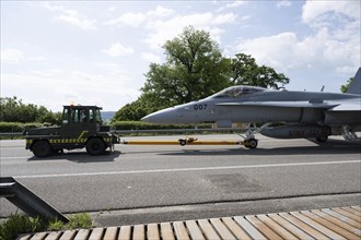 Swiss Air Force F/A 18 fighter aircraft take off and land on the A1 motorway during the Alpha Uno