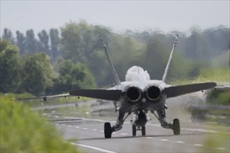 Swiss Air Force F/A 18 fighter aircraft take off and land on the A1 motorway during the Alpha Uno