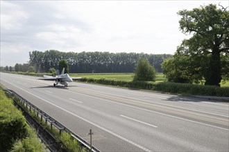 Swiss Air Force F/A 18 fighter aircraft take off and land on the A1 motorway during the Alpha Uno