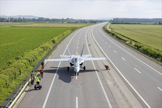 Swiss Air Force F/A 18 fighter aircraft take off and land on the A1 motorway during the Alpha Uno