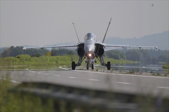 Swiss Air Force F/A 18 fighter aircraft take off and land on the A1 motorway during the Alpha Uno