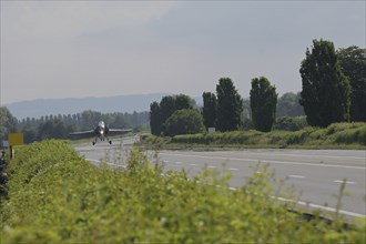 Swiss Air Force F/A 18 fighter aircraft take off and land on the A1 motorway during the Alpha Uno