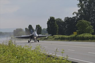 Swiss Air Force F/A 18 fighter aircraft take off and land on the A1 motorway during the Alpha Uno