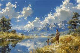 Illustration in the style of an oil painting. A man and two children are walking along the shore of