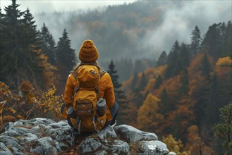 A woman rests at a viewpoint during a hike. She is sitting on a rock and looking at the autumnal