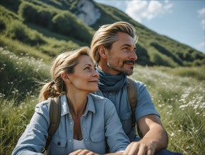 Attractive middle-aged couple resting while hiking in the mountains. The couple sits on a mountain