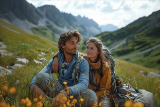 Attractive middle-aged couple resting while hiking in the mountains. The couple sits on a mountain