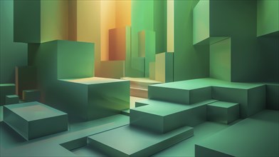 Abstract green landscape with square and rectangular geometric shapes and gradient colors, AI