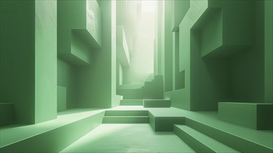 Abstract and mysterious green maze-like structure with light rays piercing through, AI generated